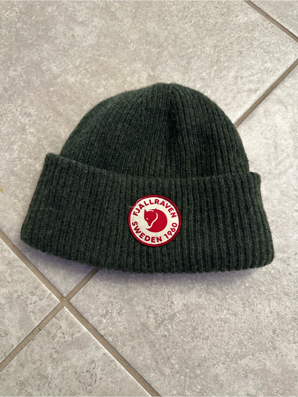 Fjallraven Dark Green Ribbed Cuffed Beanie with Red Logo Patch